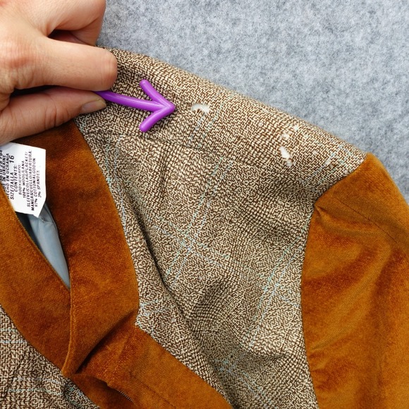 Vintage Tweed Jacket Womens L 12 Brown Plaid HARVE BENARD Velvet Mandarin Collar - Picture 10 of 16